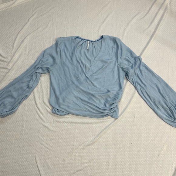 ANTHROPOLOGIE Sleek Jacquard Satin Twist Slouchy Faux Wrap Blouse Blue LARGE - Picture 3 of 11